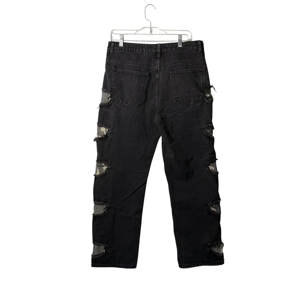 SHEIN Mens Black Distressed Camo Inset Straight Leg Jeans Size Medium 34 x 29.5